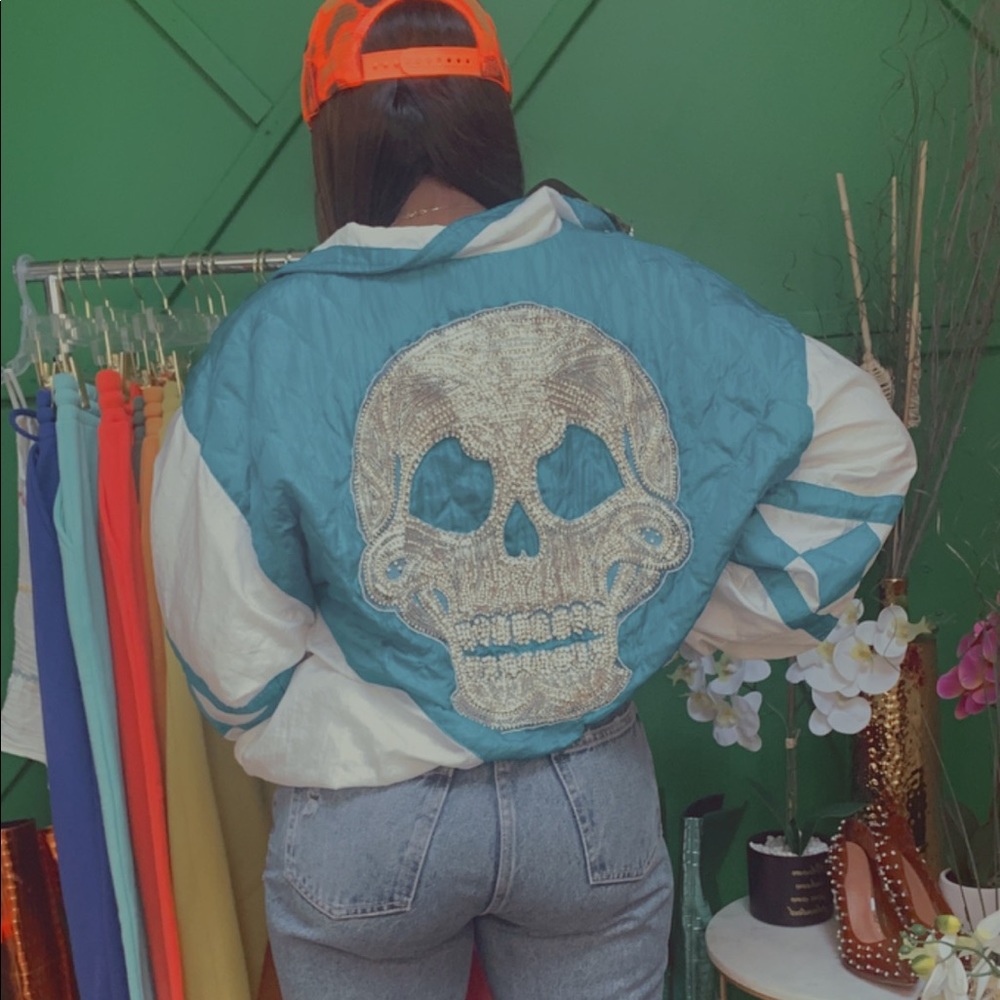 Vintage reworked jacket with custom bling skull on the back